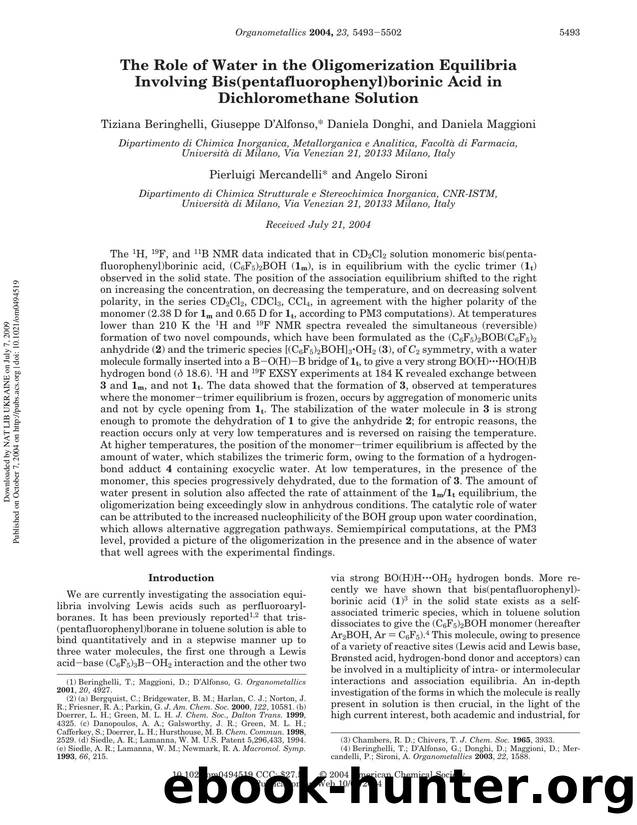 The Role of Water in the Oligomerization Equilibria Involving Bis(pentafluorophenyl)borinic Acid in Dichloromethane Solution by unknow