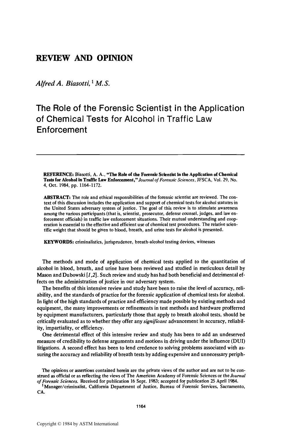 The Role of the Forensic Scientist in the Application of Chemical Tests for Alcohol in Traffic Law Enforcement by Biasotti AA