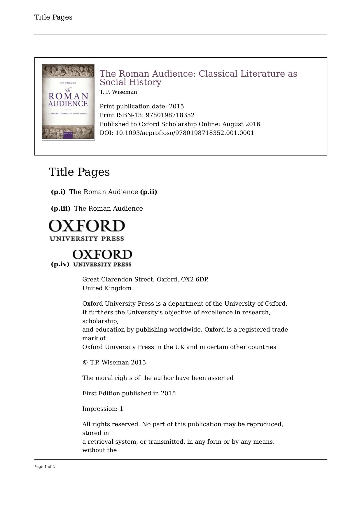 The Roman Audience: Classical Literature as Social History by Timothy Peter Wiseman