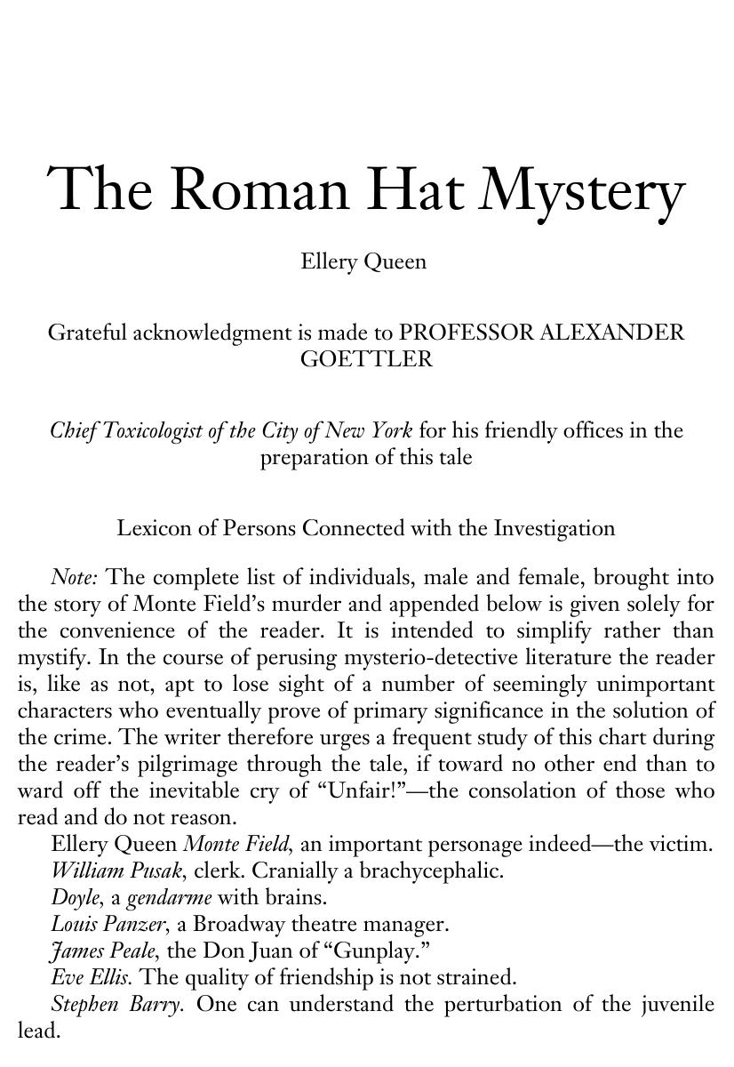 The Roman Hat Mystery by Ellery Queen