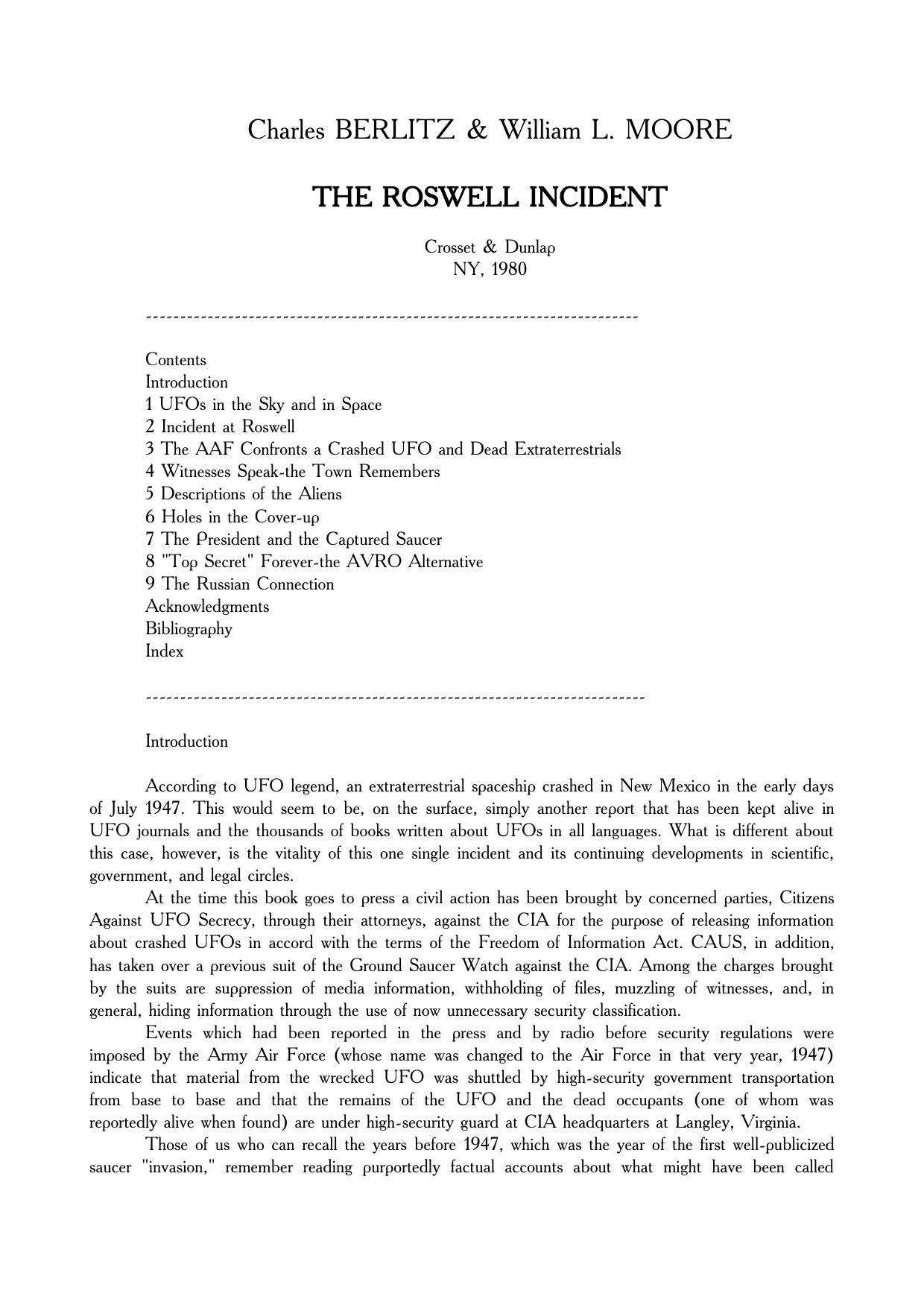 The Roswell Incident by Charles Berlitz William L. Moore