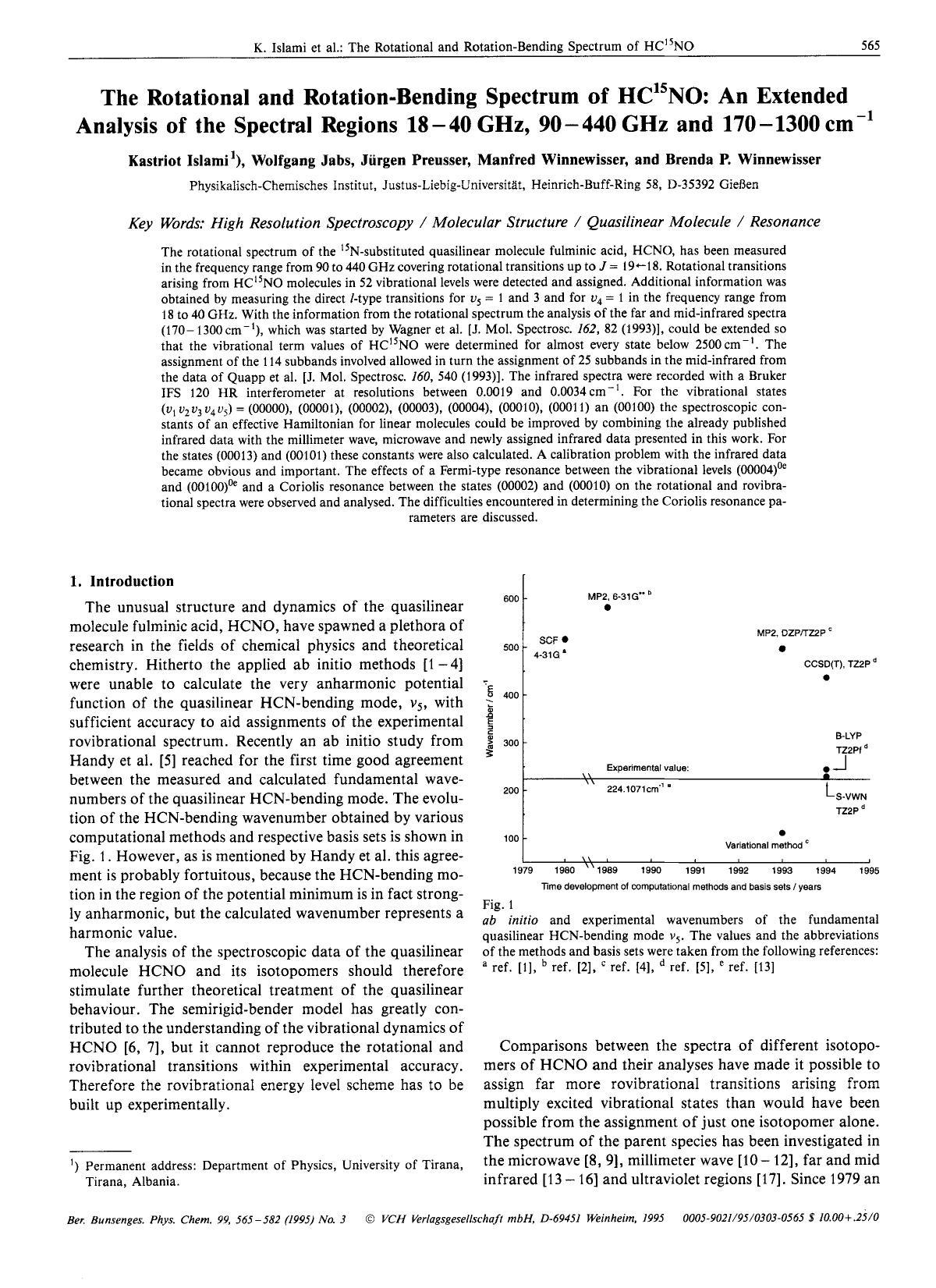 The Rotational and Rotation-Bending Spectrum of HC15NO: An Extended Analysis of the Spectral Regions 18-40 GHz, 90-440 GHz and 170-1300 cm[minus]1 by Unknown