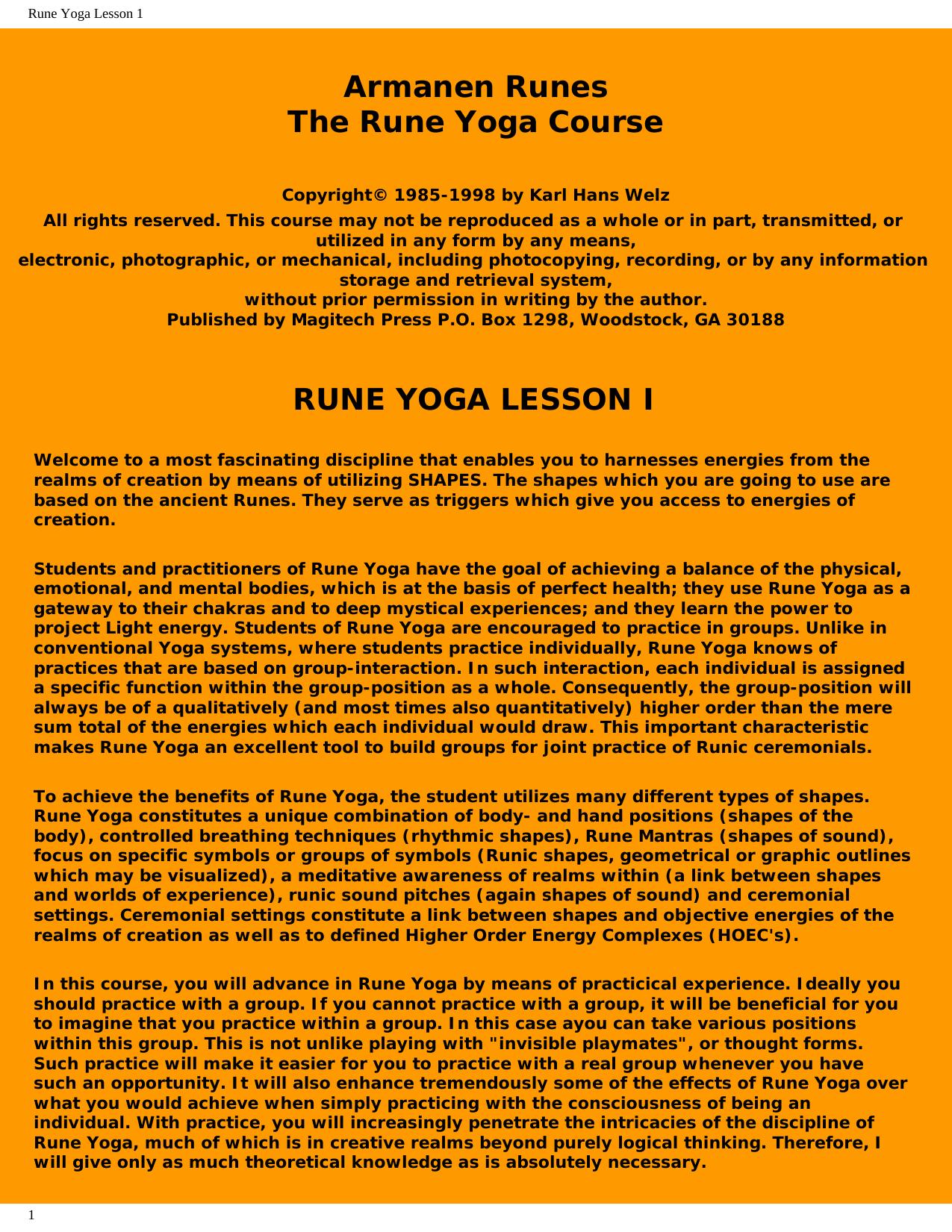 The Rune Yoga Course by Karl Hans Welz by Unknown