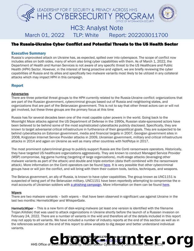 The Russia-Ukraine Cyber Conflict and Potential Threats to the US Health Sector by HC3