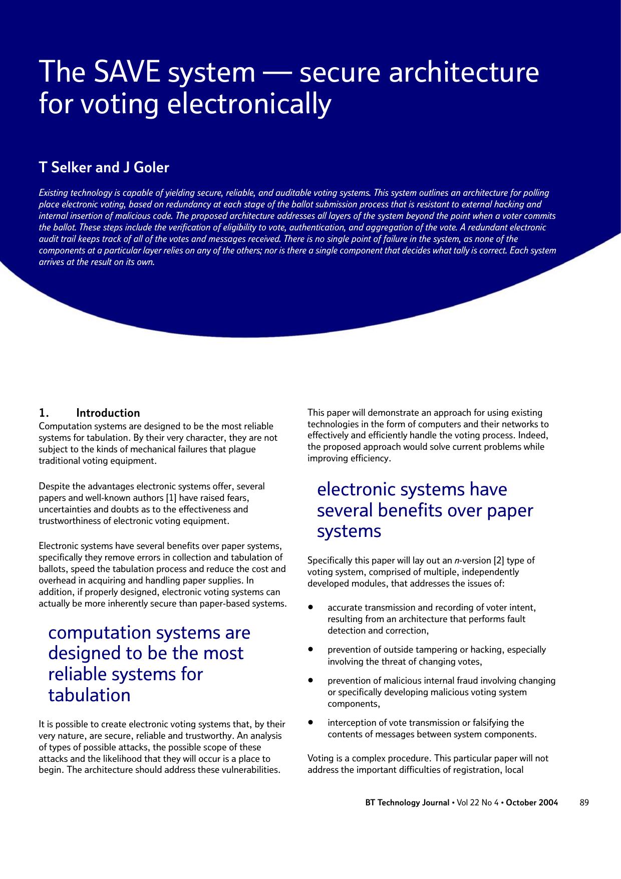The SAVE System — Secure Architecture for Voting Electronically by Unknown