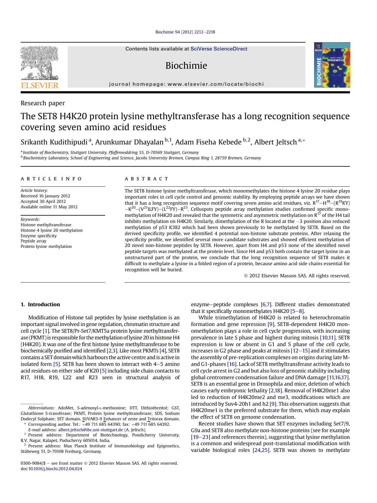 The SET8 H4K20 protein lysine methyltransferase has a long recognition sequence covering seven amino acid residues by Srikanth Kudithipudi & Arunkumar Dhayalan & Adam Fiseha Kebede & Albert Jeltsch