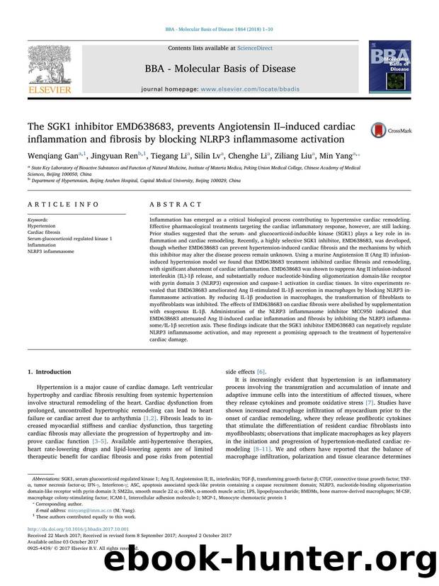 The SGK1 inhibitor EMD638683, prevents Angiotensin IIâinduced cardiac inflammation and fibrosis by blocking NLRP3 inflammasome activation by Wenqiang Gan & Jingyuan Ren & Tiegang Li & Silin Lv & Chenghe Li & Ziliang Liu & Min Yang