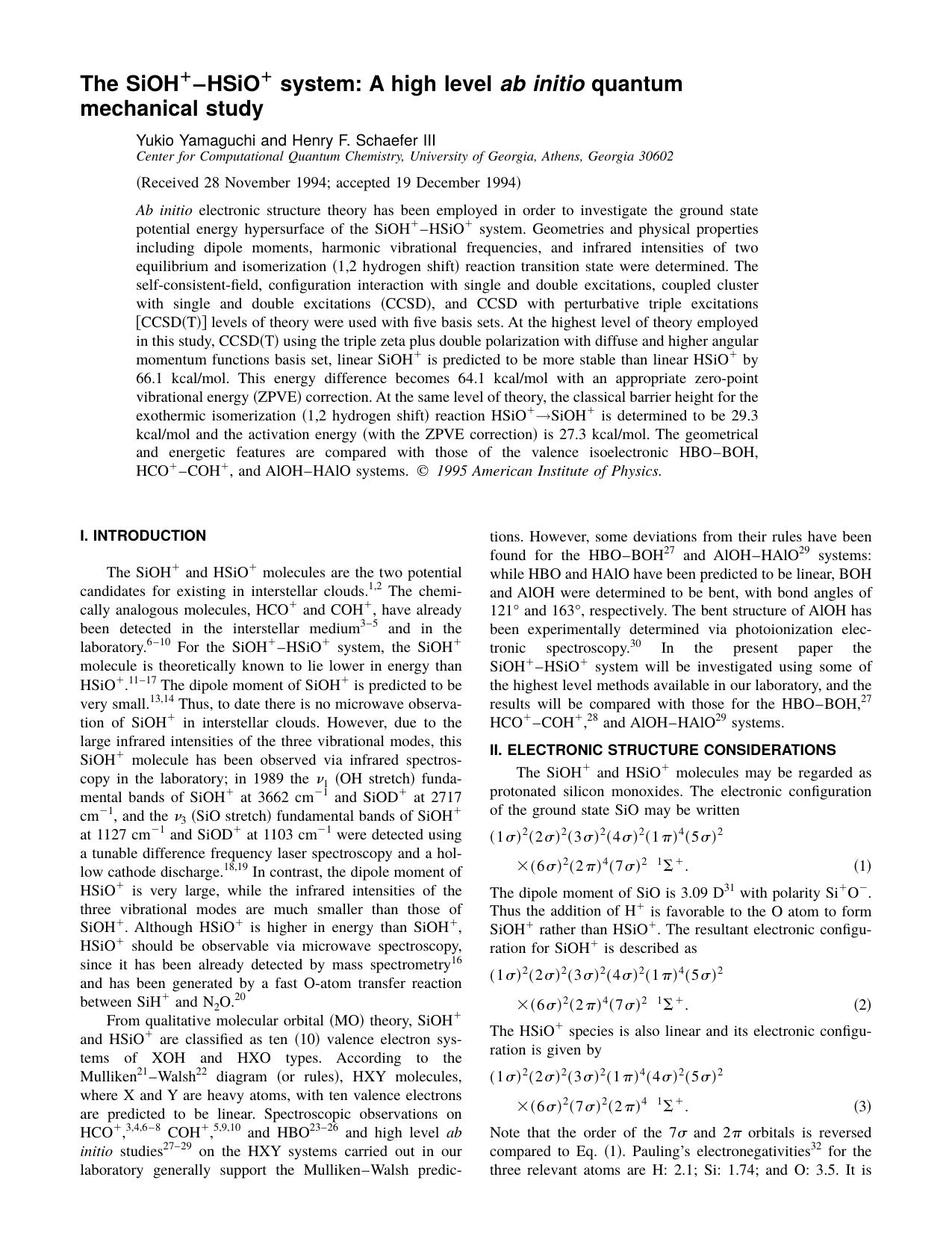 The SIOH+-HSIO+ system: A high level ab initio quantum mechanical study by Yukio Yamaguchi and Henry F. Schaefer III