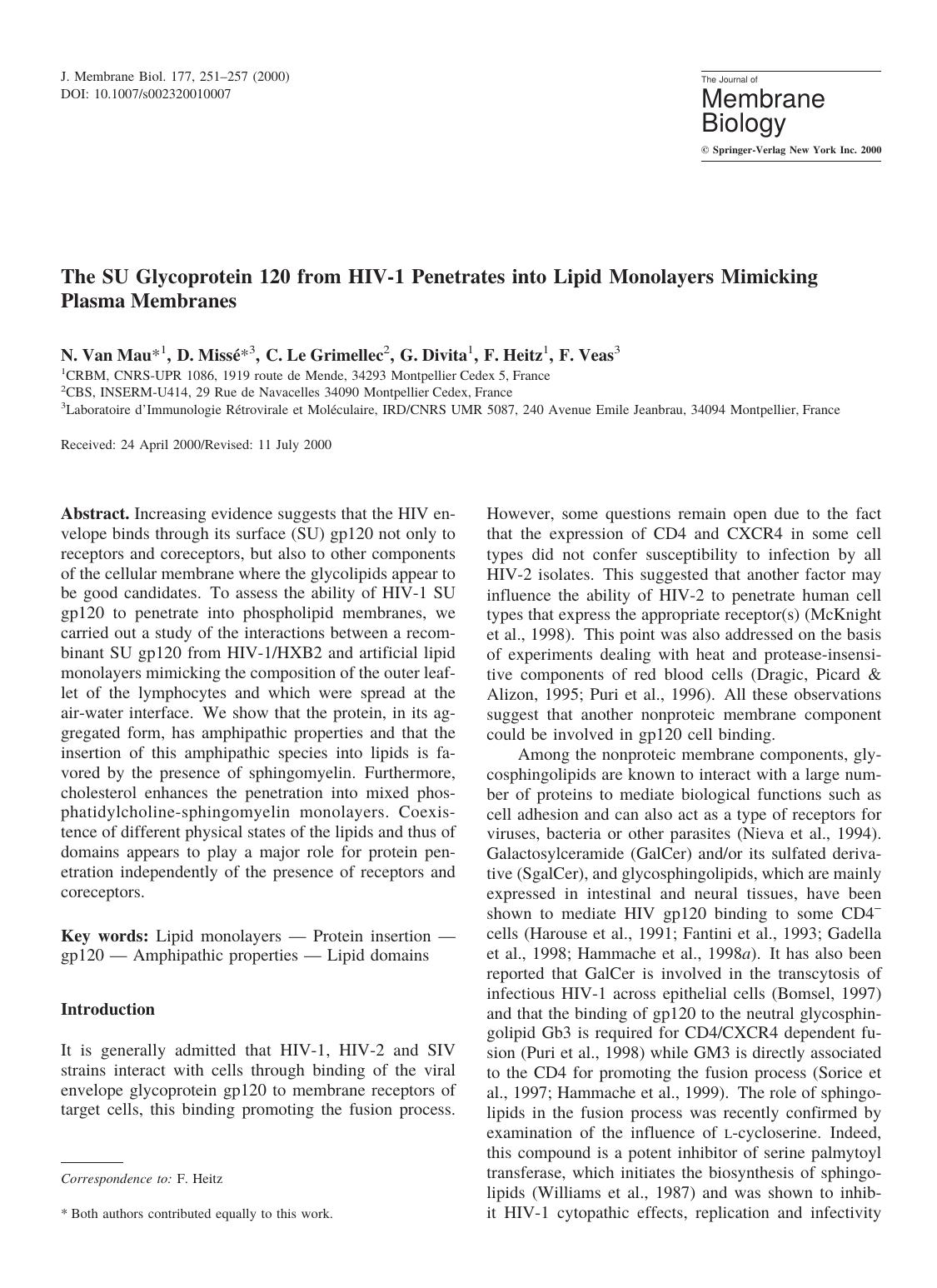 The SU Glycoprotein 120 from HIV-1 Penetrates into Lipid Monolayers Mimicking Plasma Membranes by Van Mau N. et al