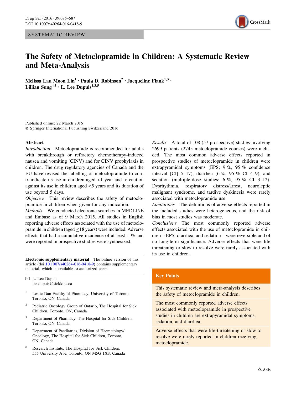 The Safety of Metoclopramide in Children: A Systematic Review and Meta-Analysis by Melissa Lau Moon Lin & Paula D. Robinson & Jacqueline Flank & Lillian Sung & L. Lee Dupuis