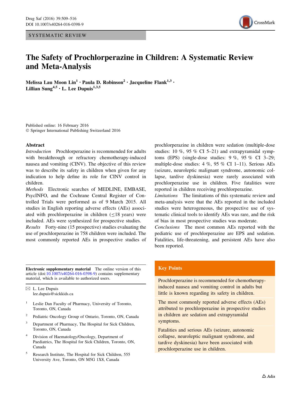 The Safety of Prochlorperazine in Children: A Systematic Review and Meta-Analysis by Melissa Lau Moon Lin & Paula D. Robinson & Jacqueline Flank & Lillian Sung & L. Lee Dupuis