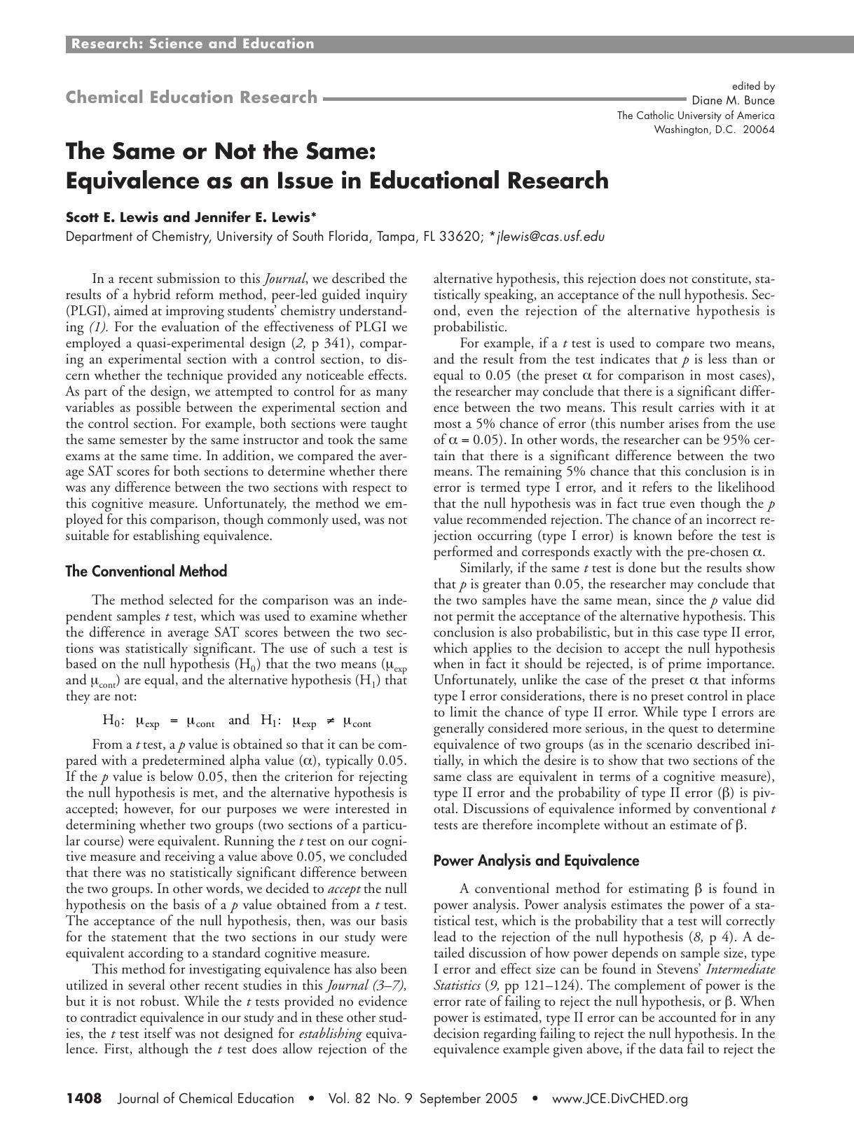 The Same or Not the Same: Equivalence as an Issue in Educational Research by Scott E. Lewis & Jennifer E. Lewis