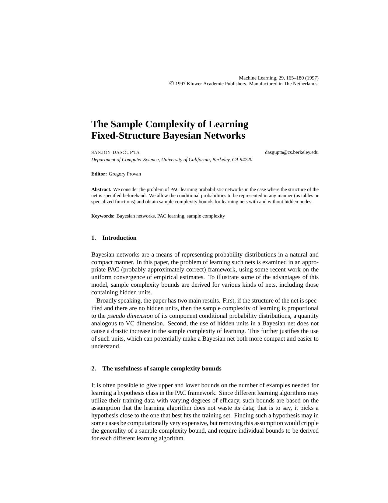 The Sample Complexity of Learning Fixed-Structure Bayesian Networks by The Sample Complexity of Learning Fixed-Structure Bayesian Networks