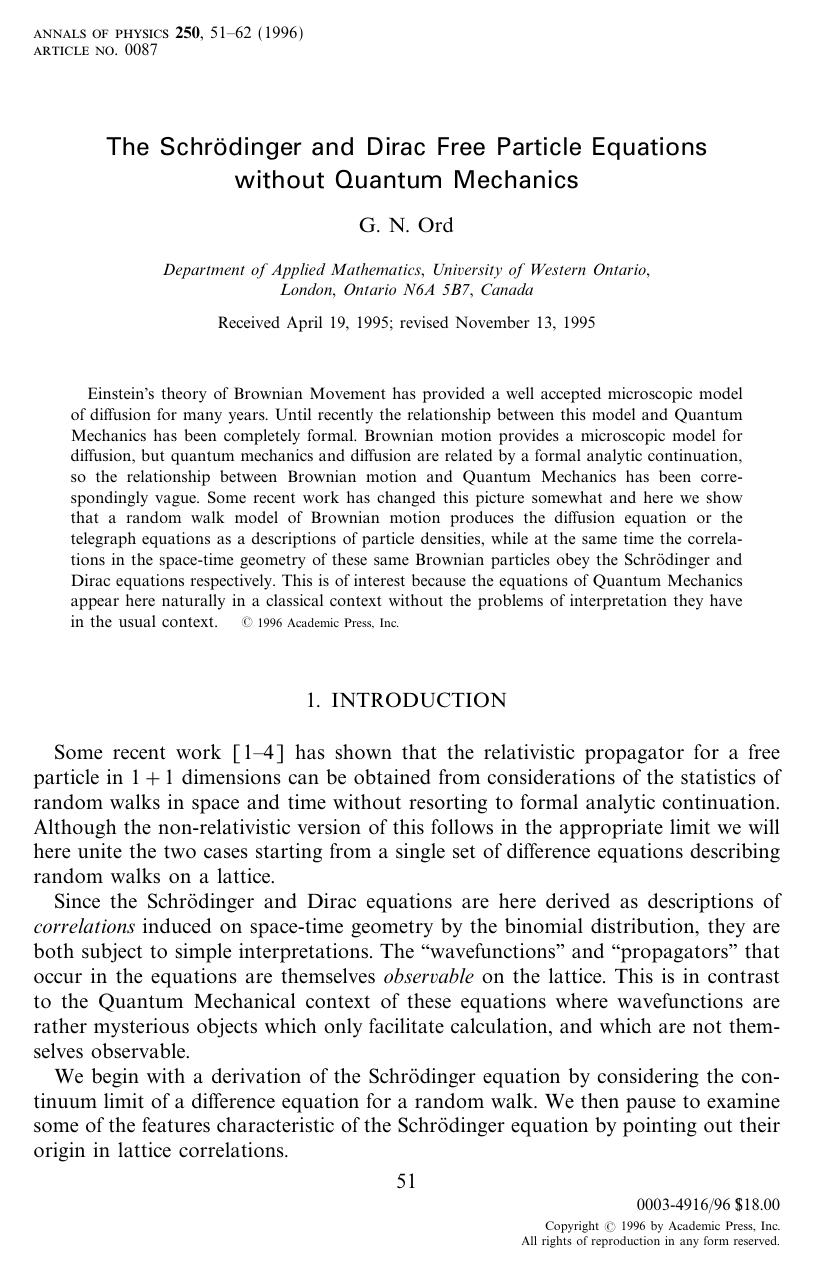 The SchrÃ¶dinger and Dirac Free Particle Equations without Quantum Mechanics by Ord G. N
