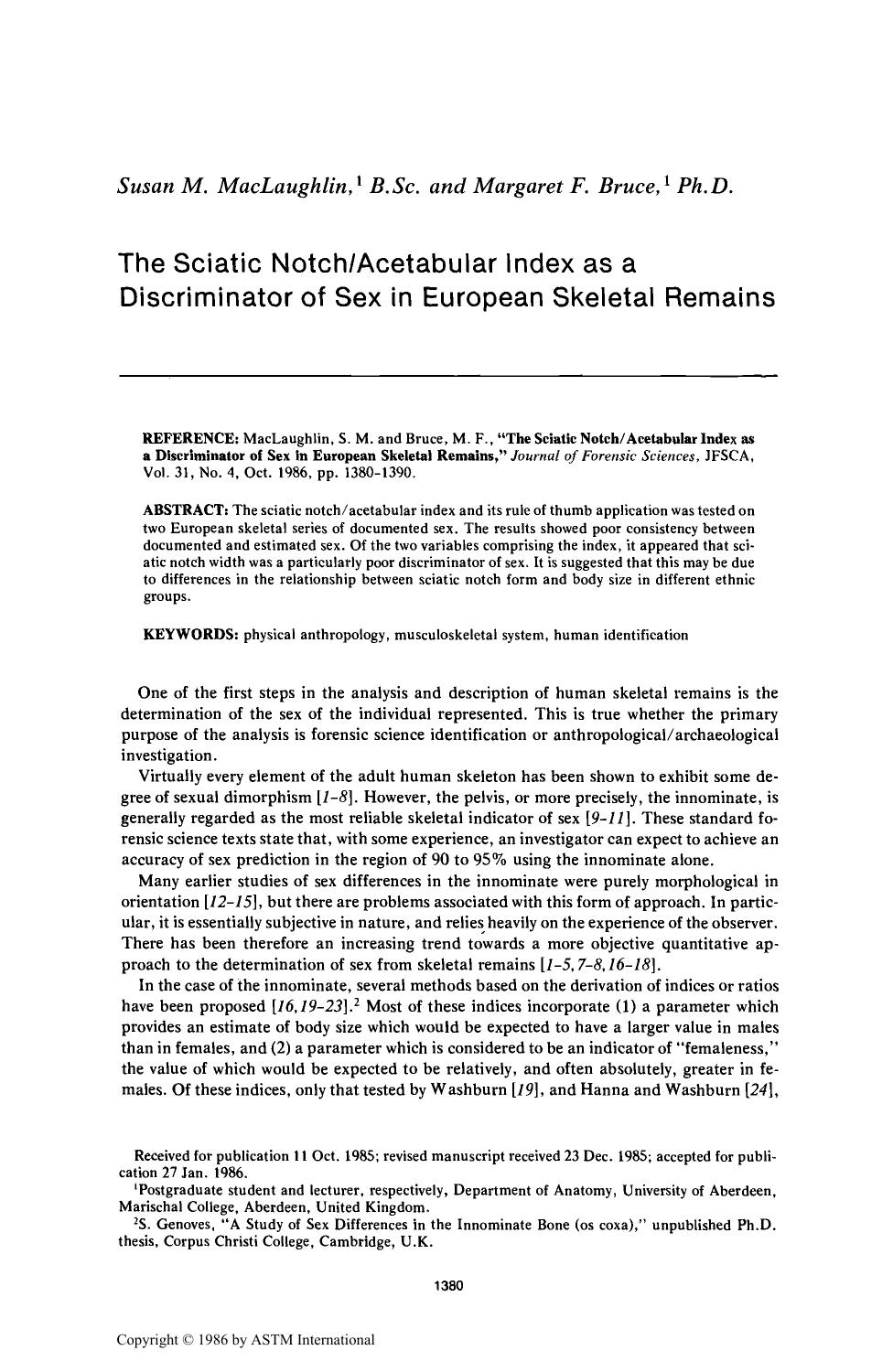 The Sciatic NotchAcetabular Index as a Discriminator of Sex in European Skeletal Remains by MacLaughlin SM Bruce MF