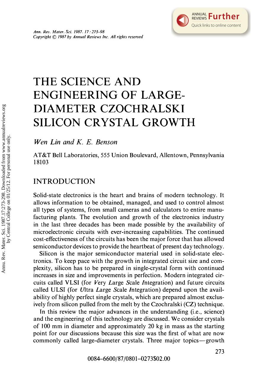 The Science and Engineering of Large- Diameter Czochralski Silicon Crystal Growth by W Lin & K E Benson