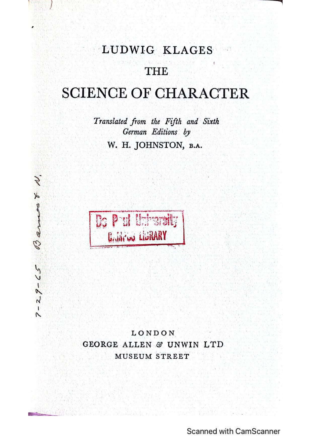 The Science of Character by Ludwig Klages
