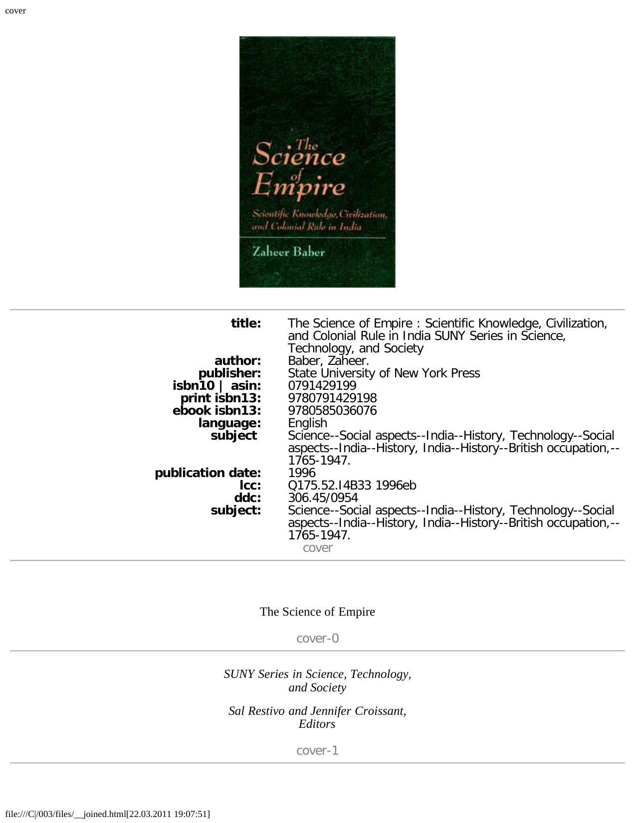 The Science of Empire: Scientific Knowledge, Civilization, and Colonial Rule in India by Zaheer Baber
