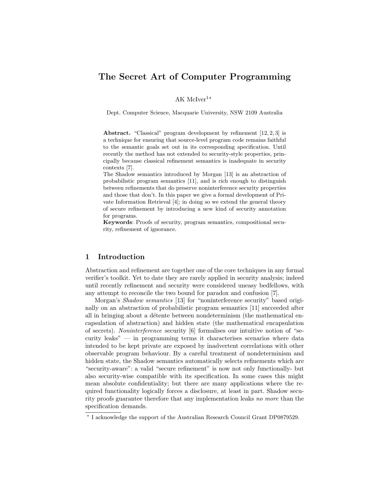 The Secret Art of Computer Programming Ak McIver by Unknown