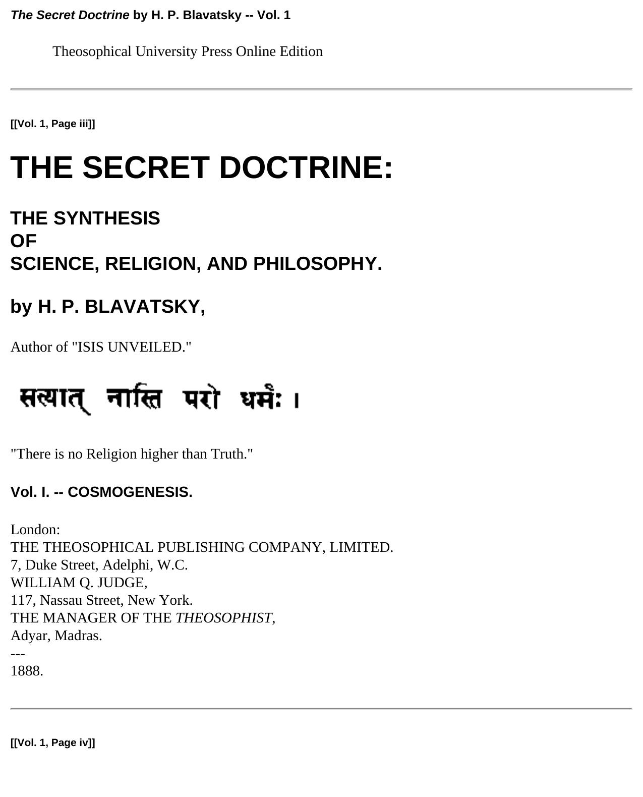 The Secret Doctrine by H. P. Blavatsky: Contents, Preface by Unknown