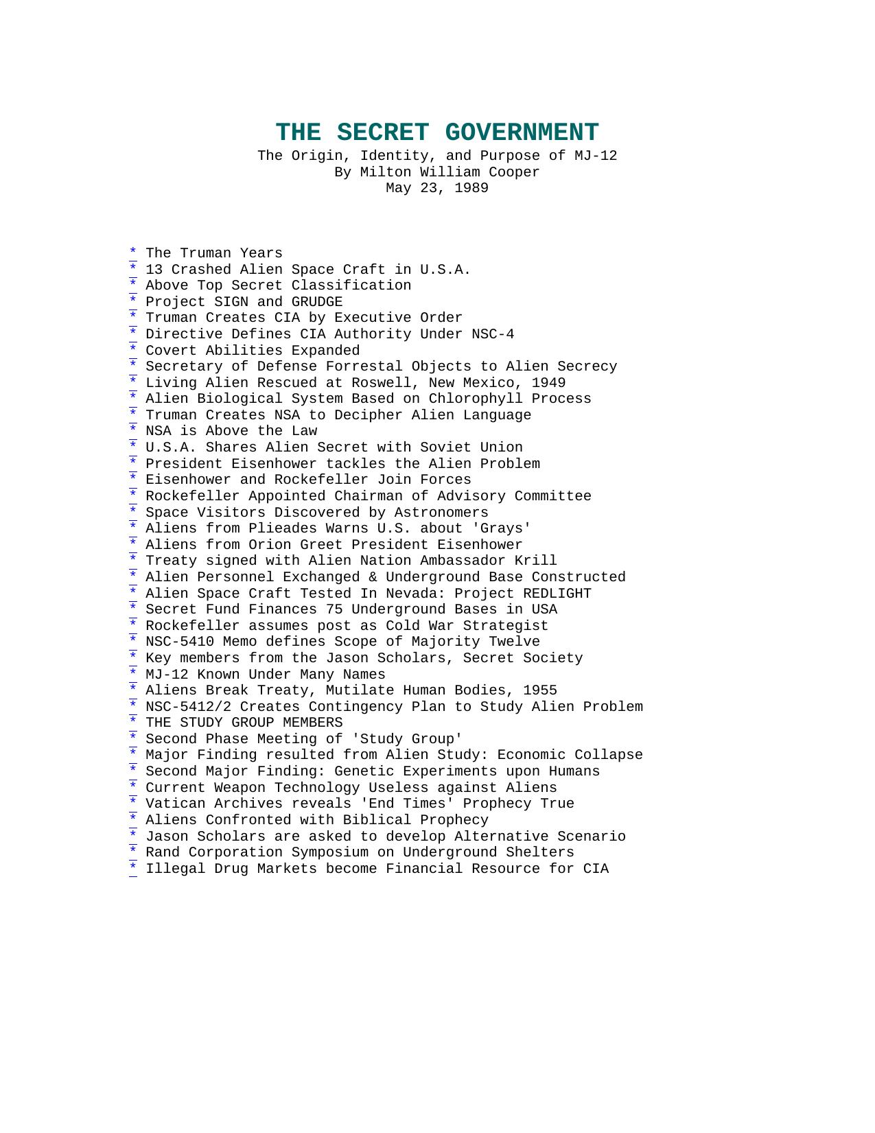 The Secret Government by Milton William Cooper