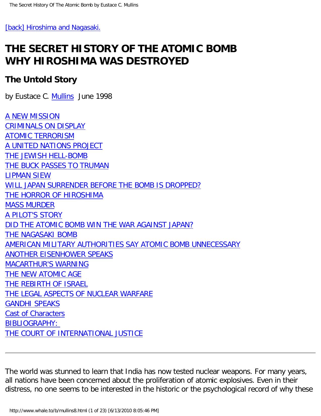 The Secret History Of The Atomic Bomb by Eustace C. Mullins by The Secret History Of The Atomic Bomb (1998)