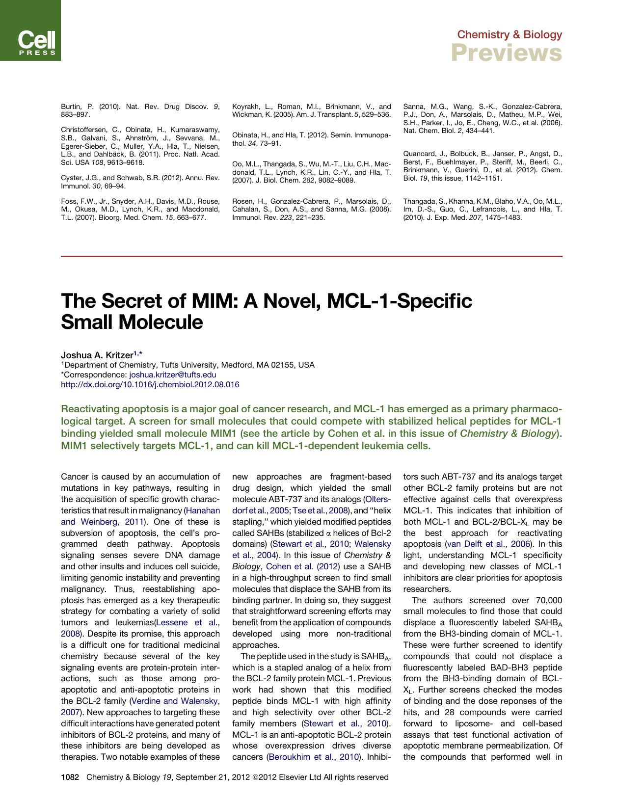 The Secret of MIM: A Novel, MCL-1-Specific Small Molecule by Joshua A. Kritzer