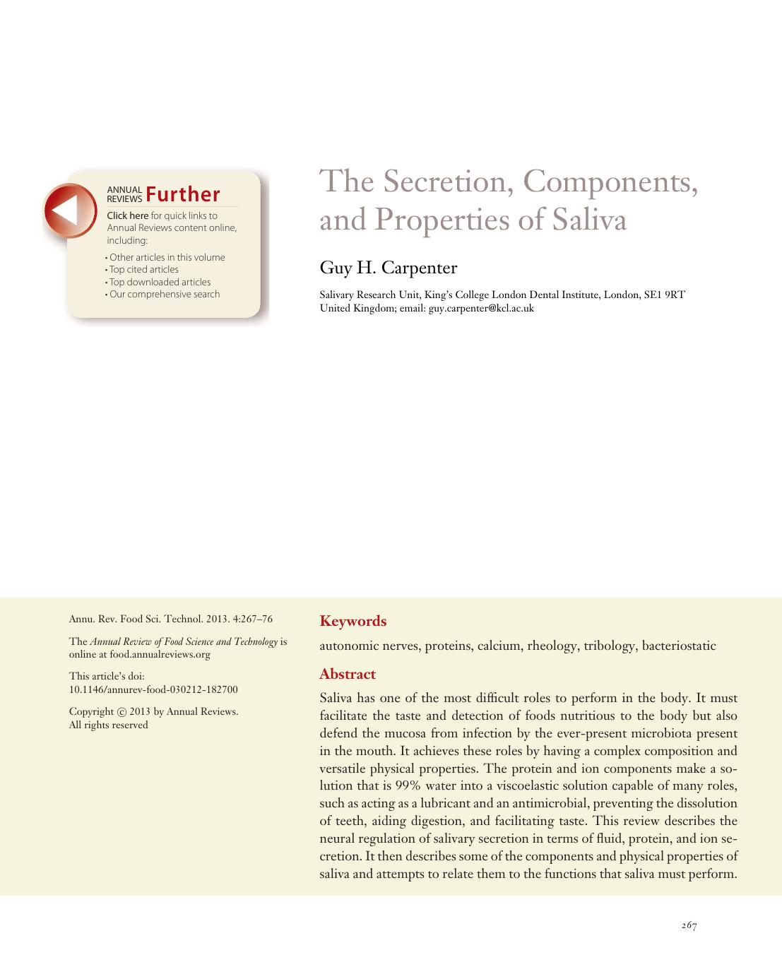 The Secretion, Components, and Properties of Saliva by Guy H. Carpenter