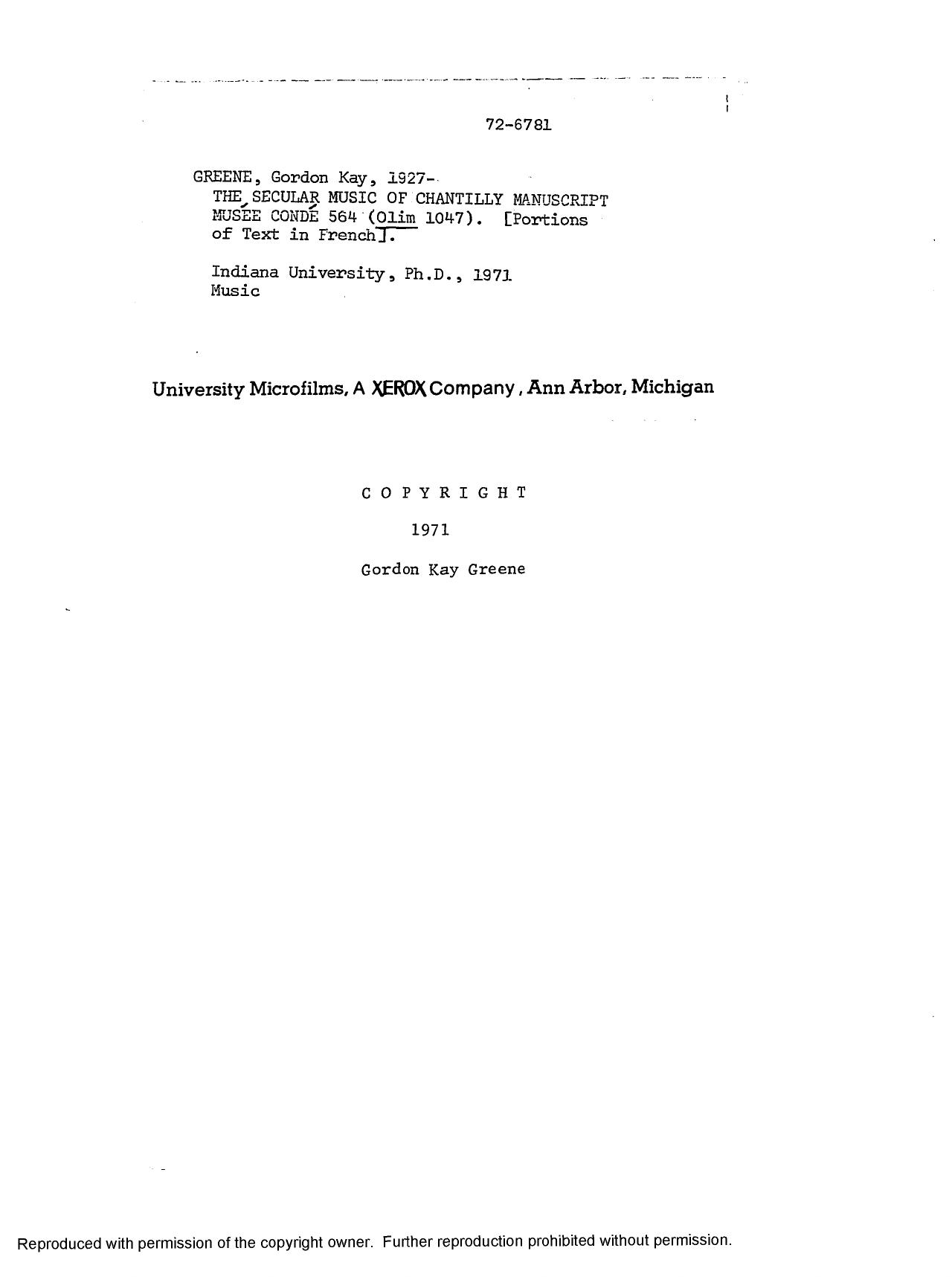 The Secular Music of Chantilly Manuscript MusÃ©e CondÃ© 564 (Olim 1047) by Gordon Kay Greene