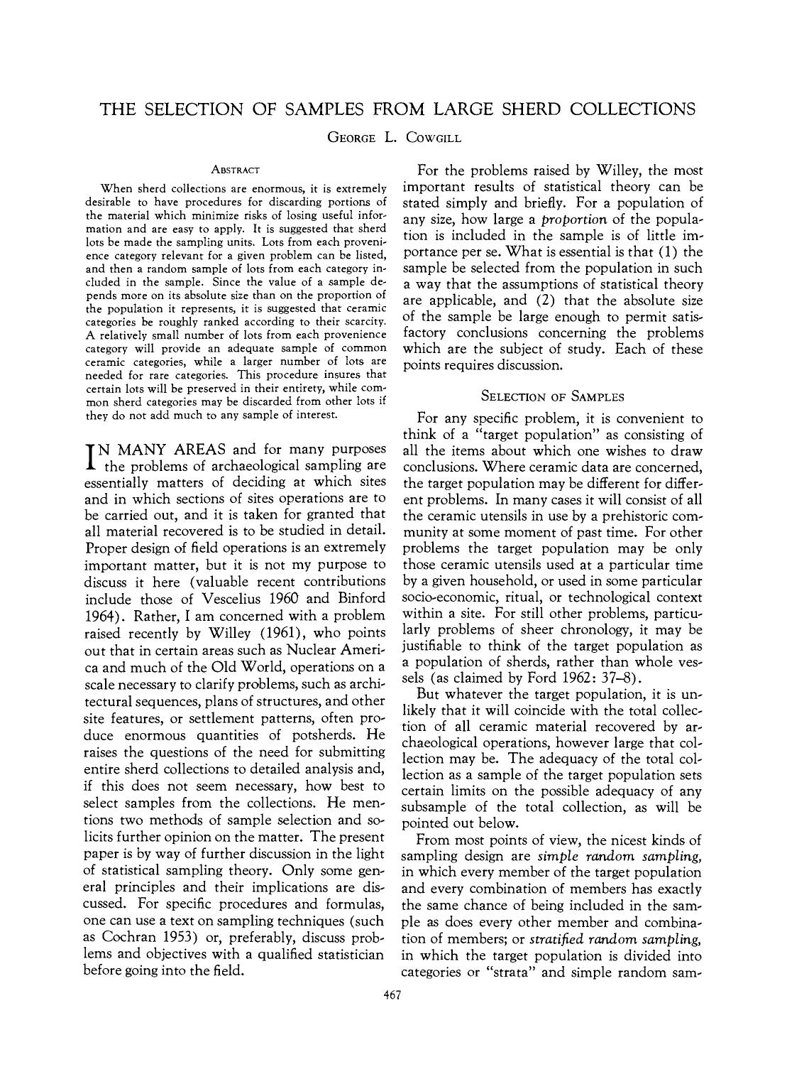 The Selection of Samples from Large Sherd Collections by Cowgill George L