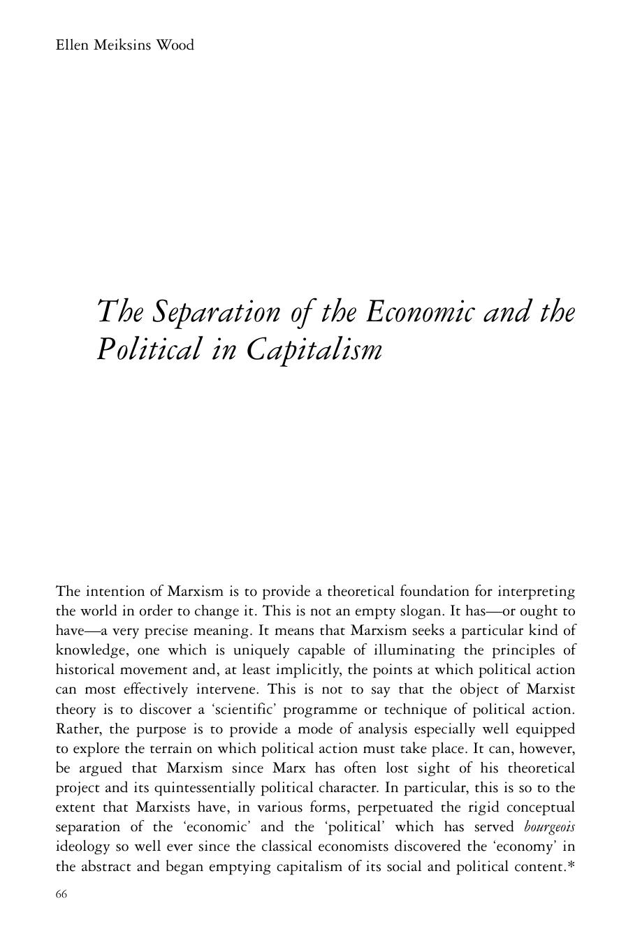 The Separation of the Economic and the Political in Capitalism by Ellen Meiksins Wood