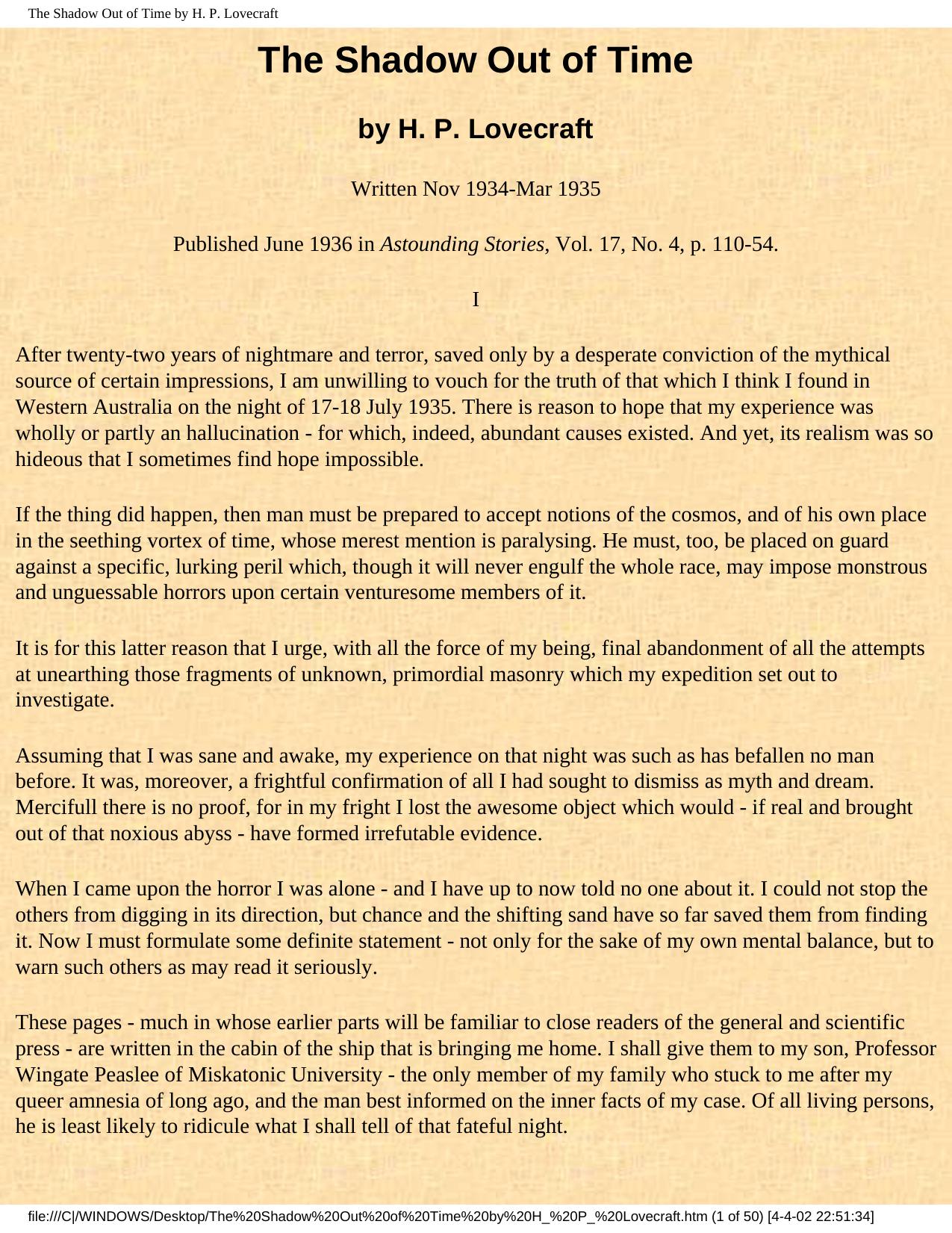 The Shadow Out of Time by H. P. Lovecraft by THE SHADOW OUT OF TIME