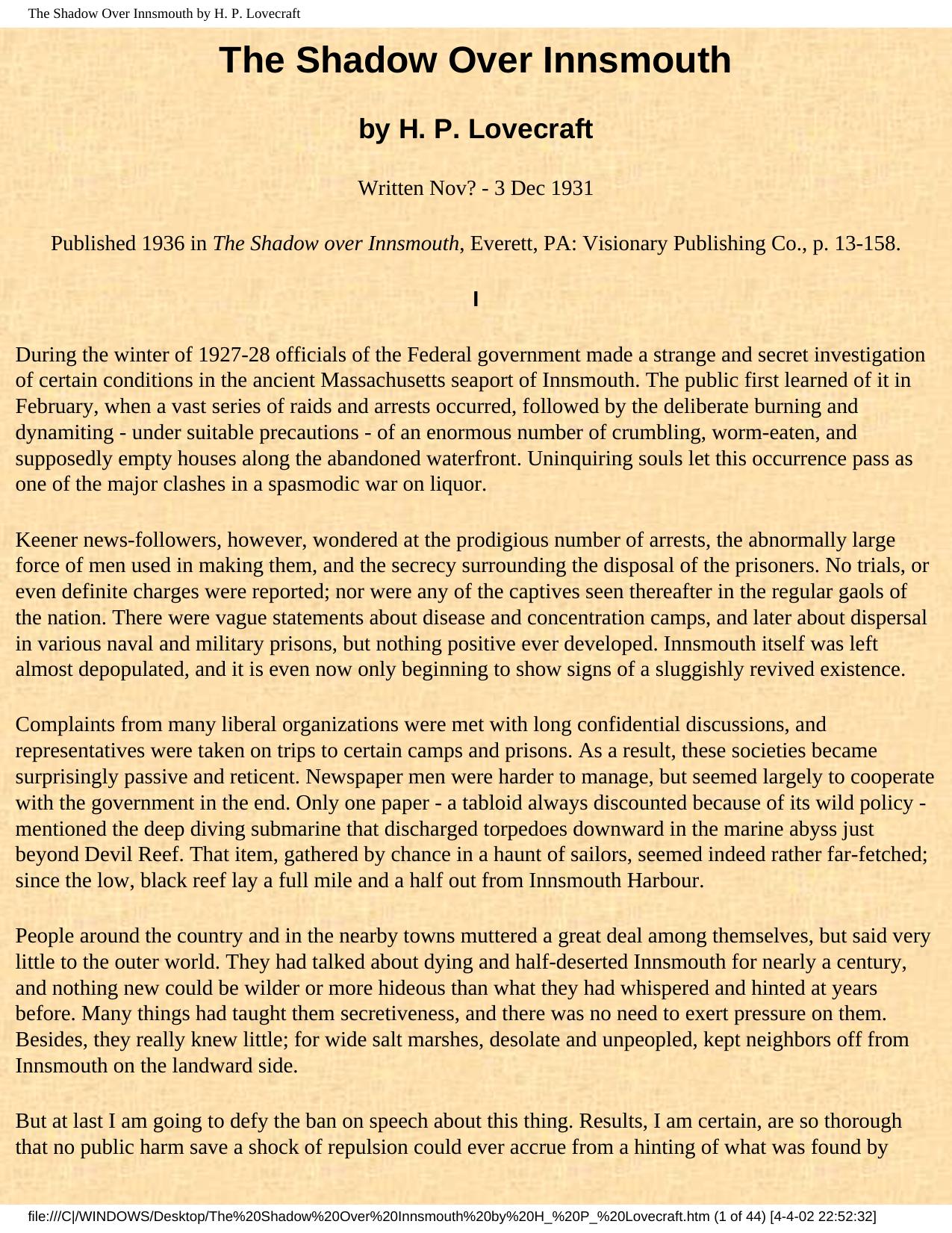 The Shadow Over Innsmouth by H. P. Lovecraft by Unknown