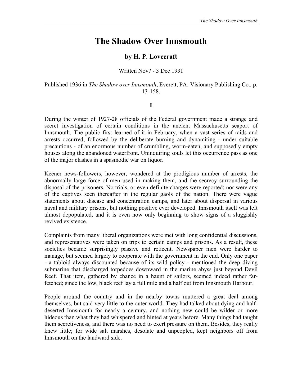 The Shadow Over Innsmouth by H. P. Lovecraft