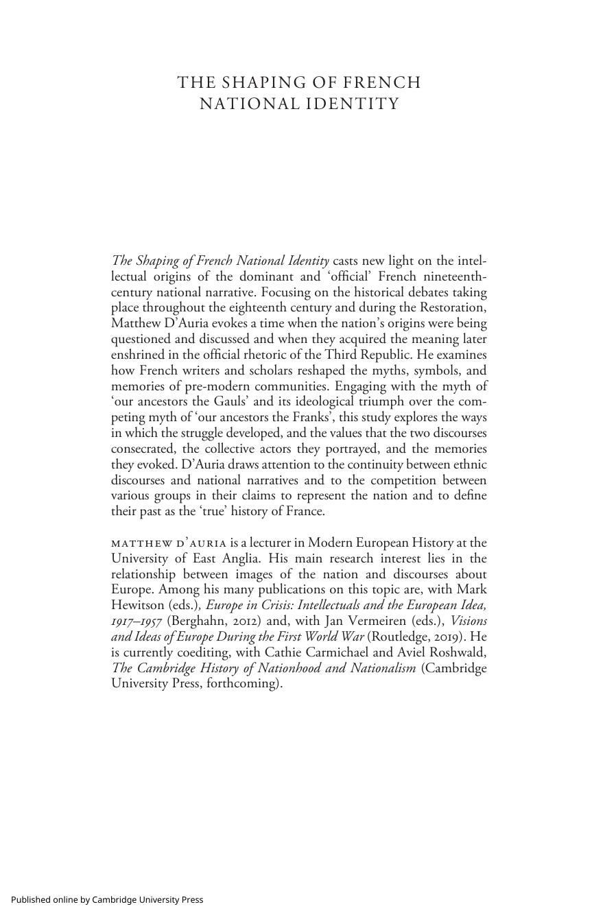 The Shaping of French National Identity: Narrating the Nation's Past, 1715â1830 by Matthew D'Auria