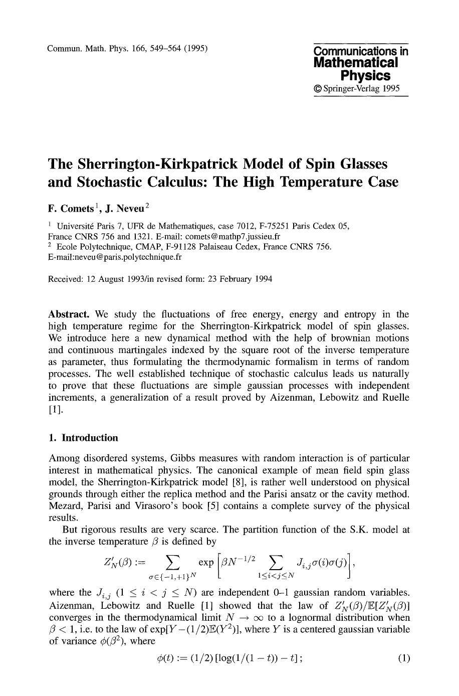 The Sherrington-Kirkpatrick model of spin glasses and stochastic calculus: The high temperature case by Unknown