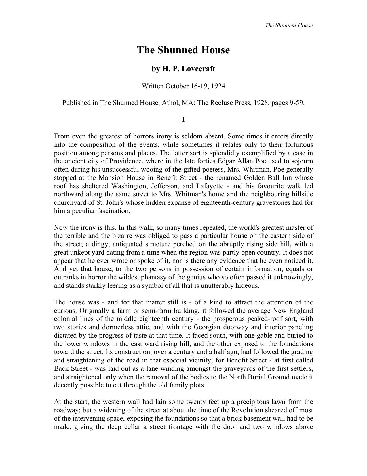 The Shunned House by H. P. Lovecraft