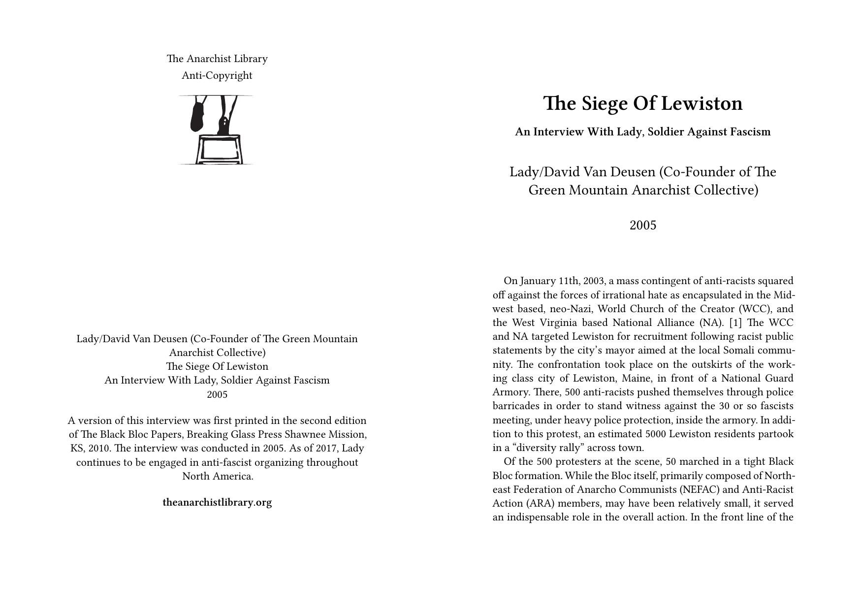 The Siege Of Lewiston: An Interview With Lady, Soldier Against Fascism by David Van Deusen; Lady; Green Mountain Anarchist Collective