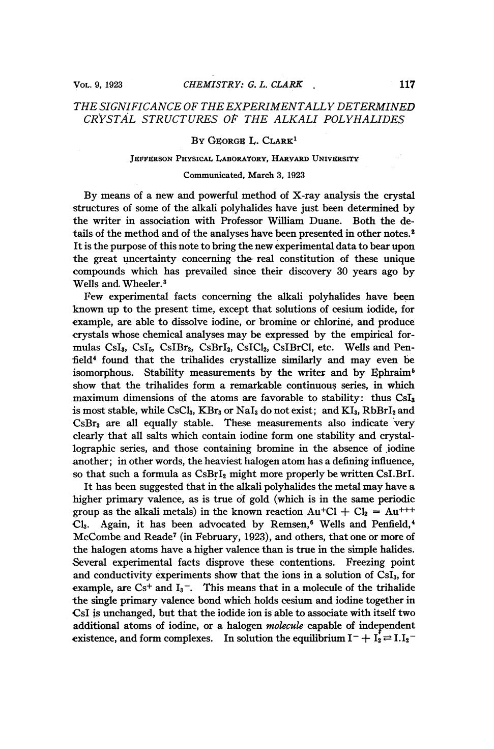 The Significance of the Experimentally Determined Crystal Structures of the Alkali Polyhalides by Clark G.L