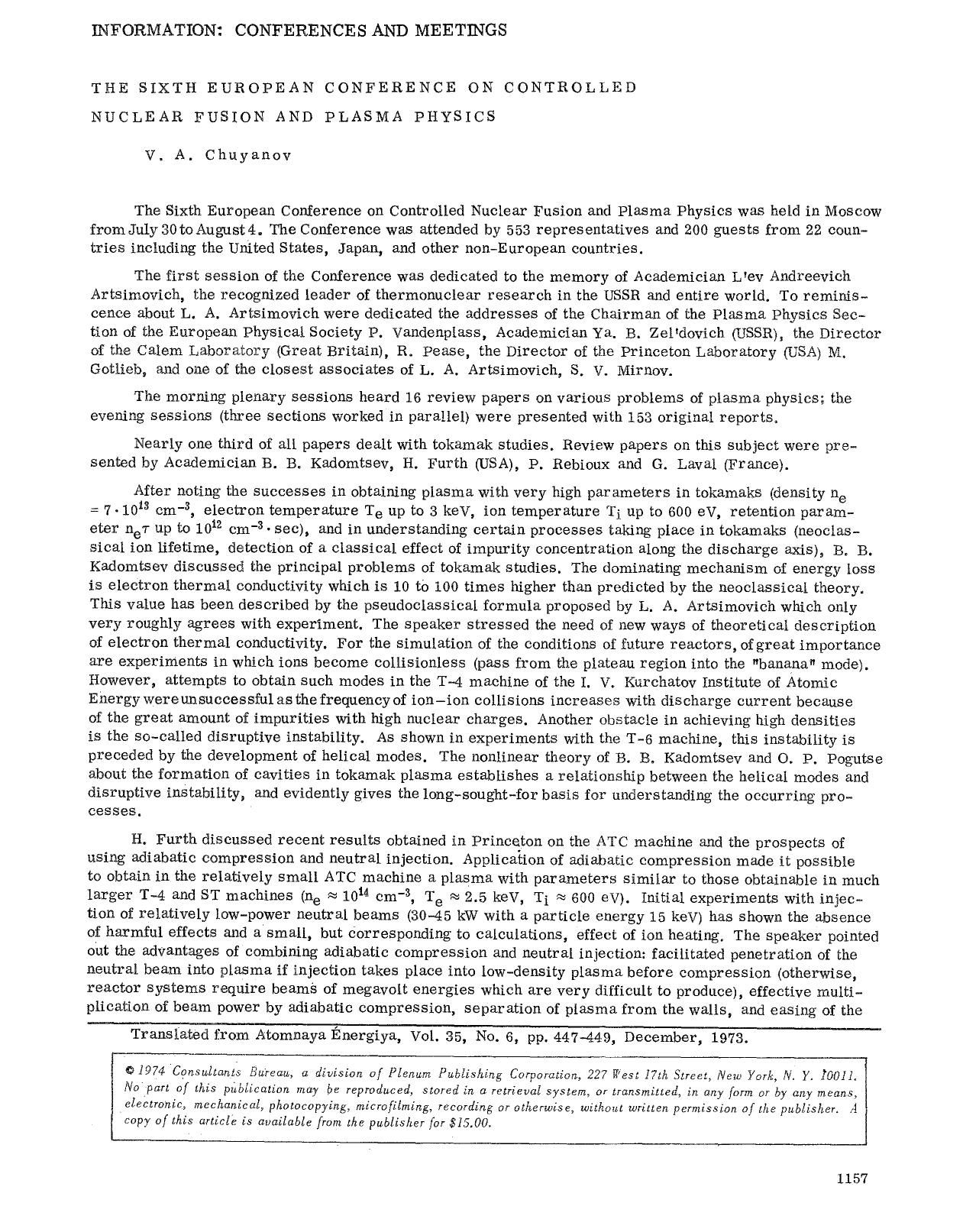 The Sixth European Conference on Controlled Nuclear Fusion and Plasma Physics by Unknown