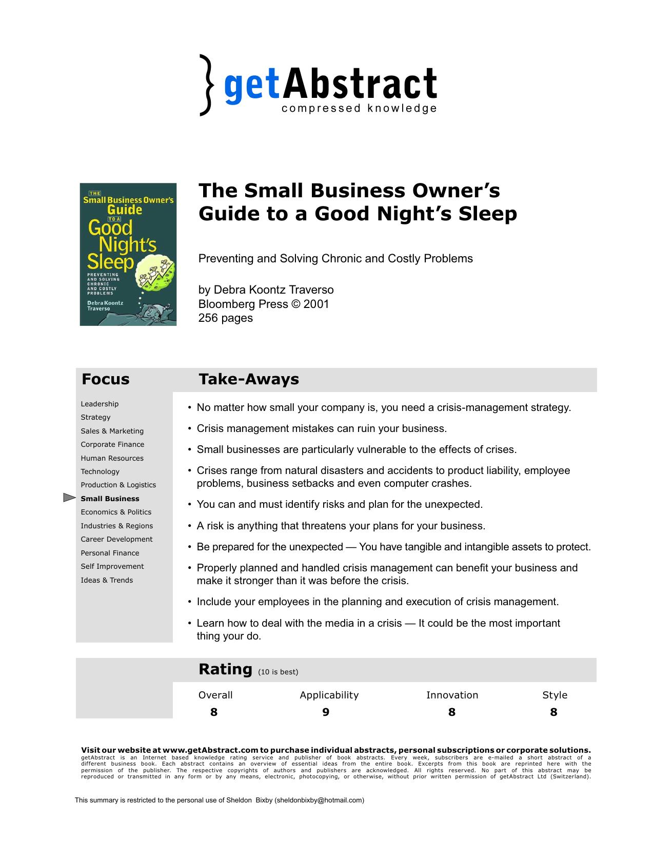 The Small Business Owner's Guide to a Good Night's Sleep by getAbstract