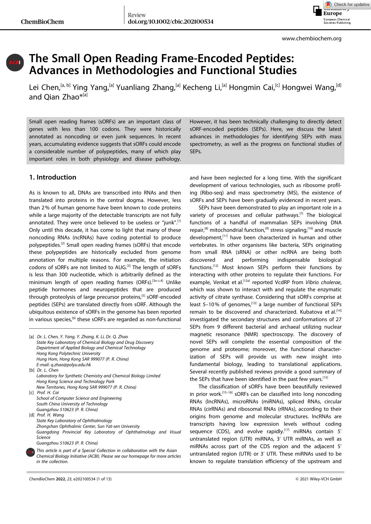 The Small Open Reading FrameâEncoded Peptides: Advances in Methodologies and Functional Studies by Unknown