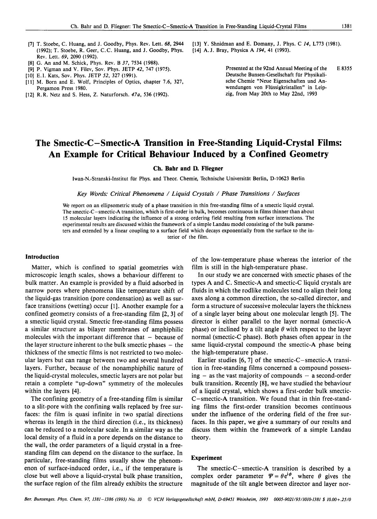 The Smectic-C-Smectic-A Transition in Free-Standing Liquid-Crystal Films: An Example for Critical Behaviour Induced by a Confined Geometry by Unknown