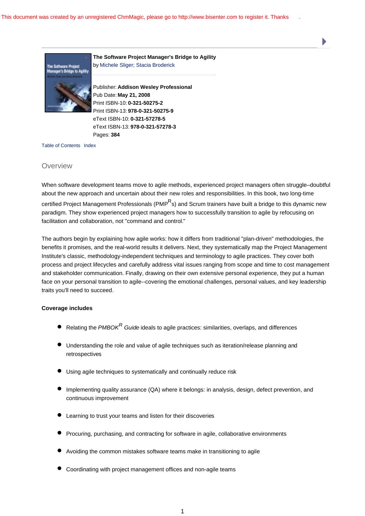 The Software Project Manager's Bridge to Agility by Michele Sliger Stacia Broderick