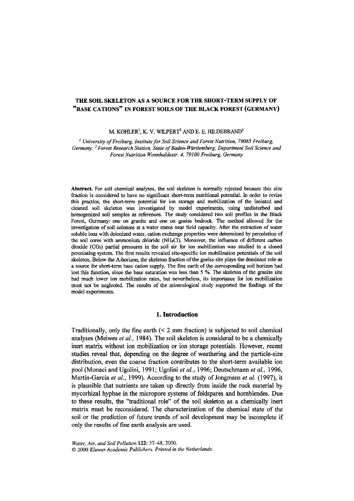 The Soil Skeleton as a Source for the Short-Term Supply of "Base Cations" in Forest Soils of the Black Forest (Germany) by Unknown