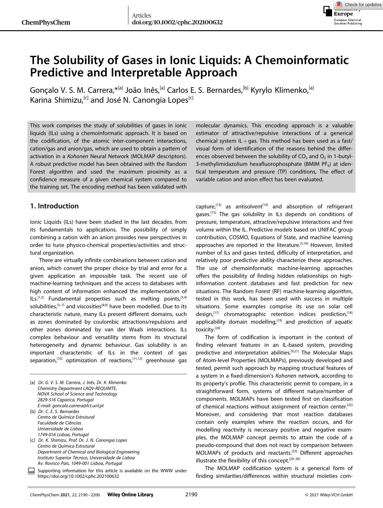 The Solubility of Gases in Ionic Liquids: A Chemoinformatic Predictive and Interpretable Approach by Unknown