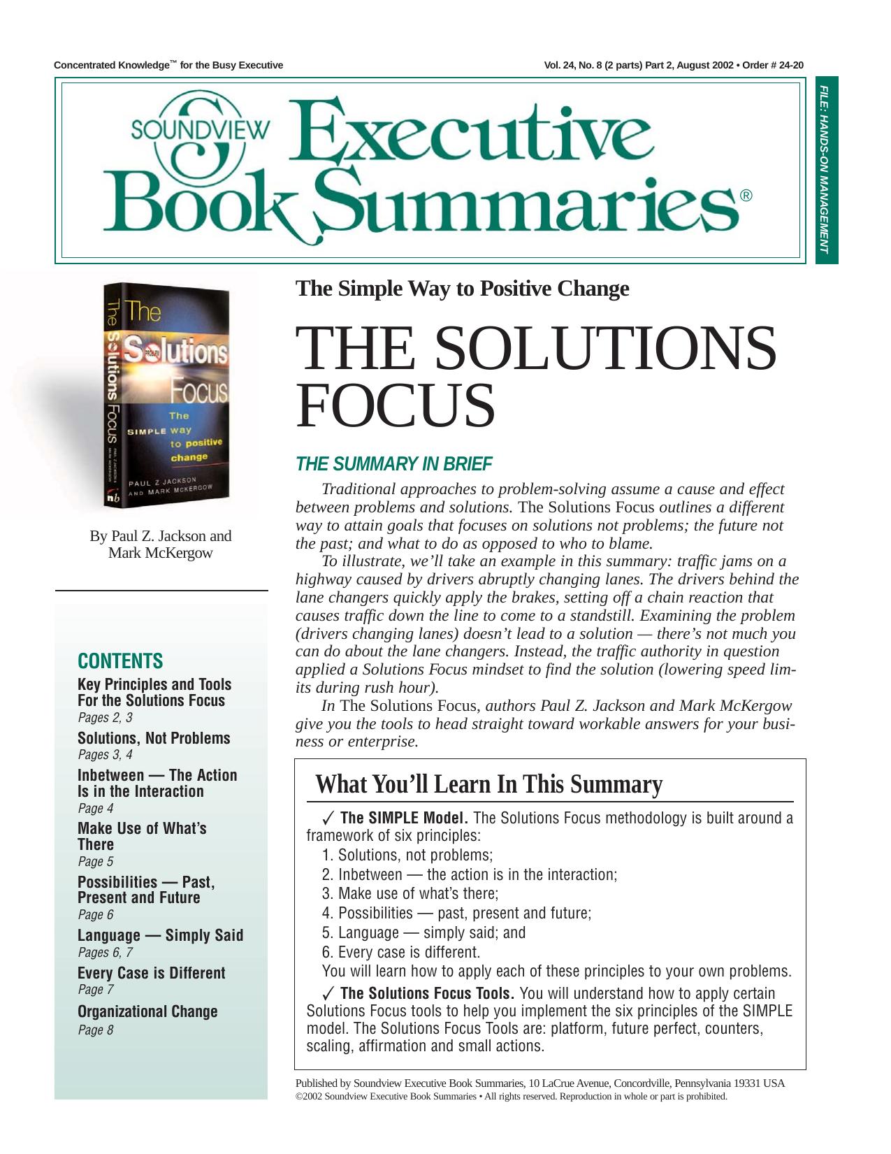 The Solutions Focus by Paul Z. Jackson and Mark McKergow
