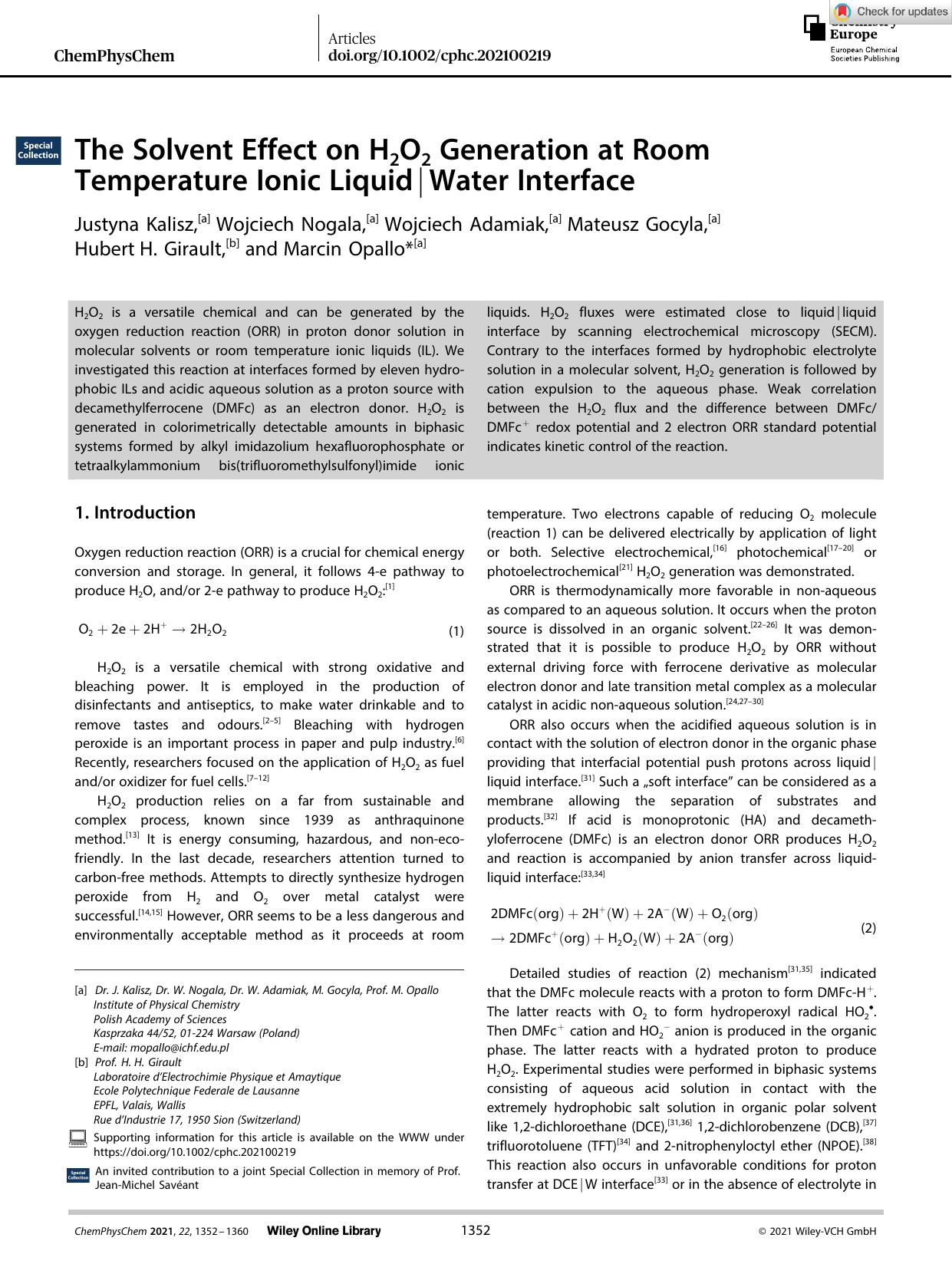 The Solvent Effect on H2O2 Generation at Room Temperature Ionic Liquid|Water Interface by Unknown