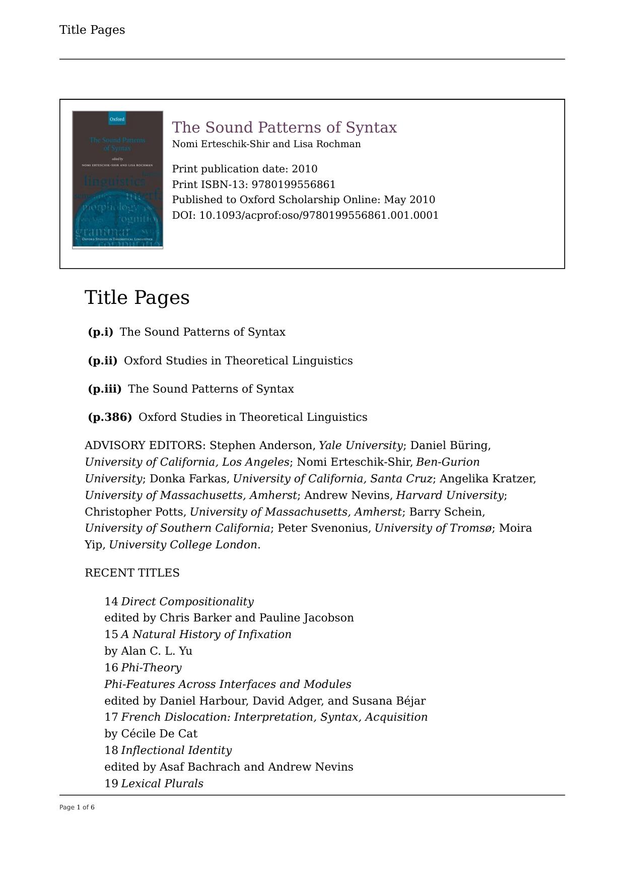 The Sound Patterns of Syntax by Nomi Erteschik-Shir Lisa Rochman