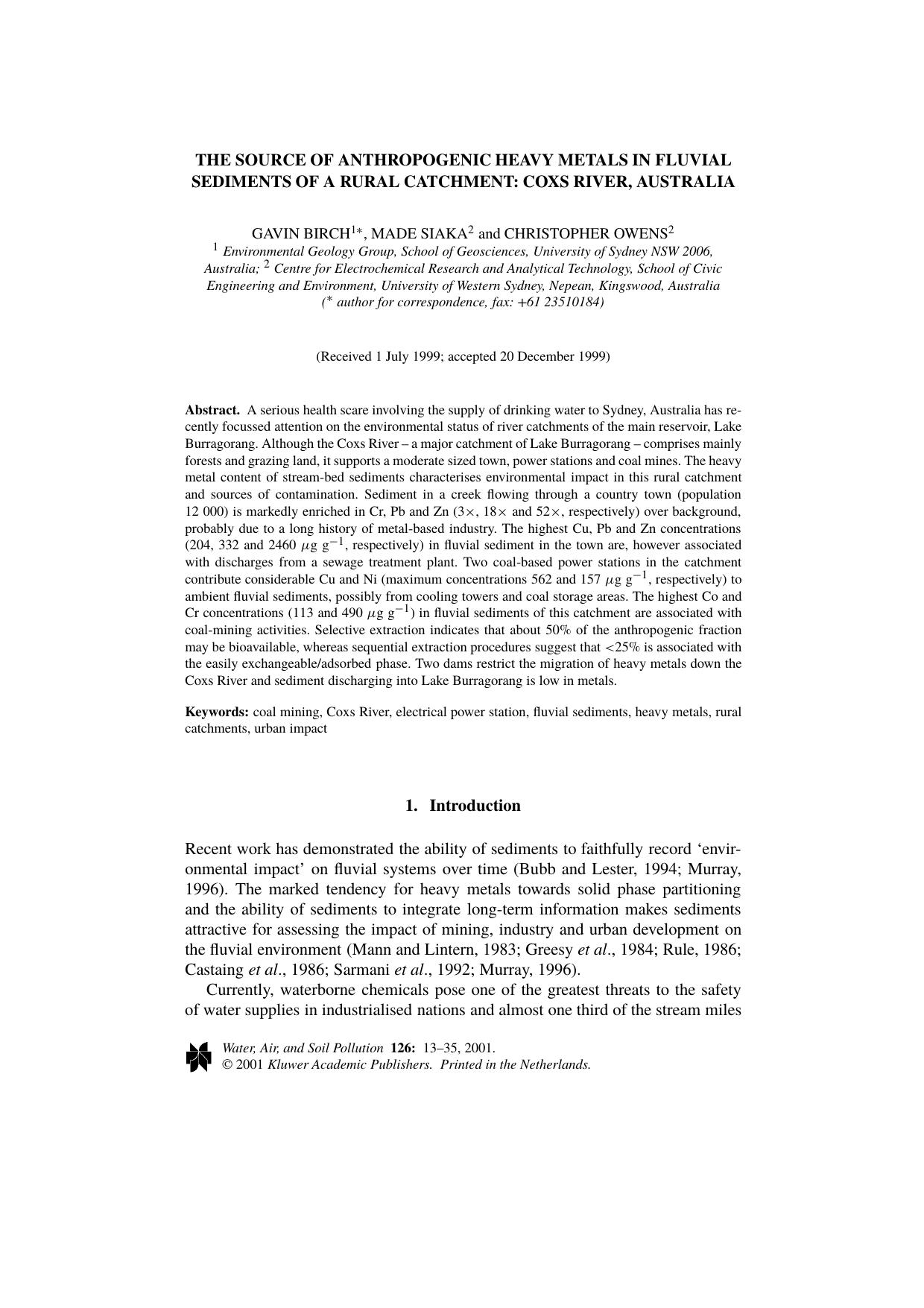 The Source of Anthropogenic Heavy Metals in Fluvial Sediments of a Rural Catchment: Coxs River, Australia by Unknown